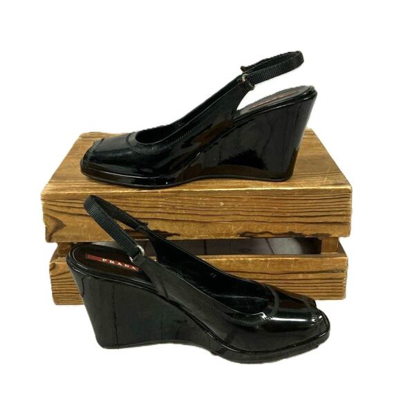 Prada Black Sport Patent Leather Peep Toe Wedge Slingback Sandals 41 - Picture 12 of 13
